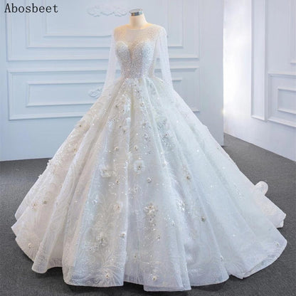 Ball Gown Wedding Dress Long Sleeve with 3D Flowers Sequins Pearls Beads Puffy Wedding Gowns for Bridal 2021 with Train Lace Up