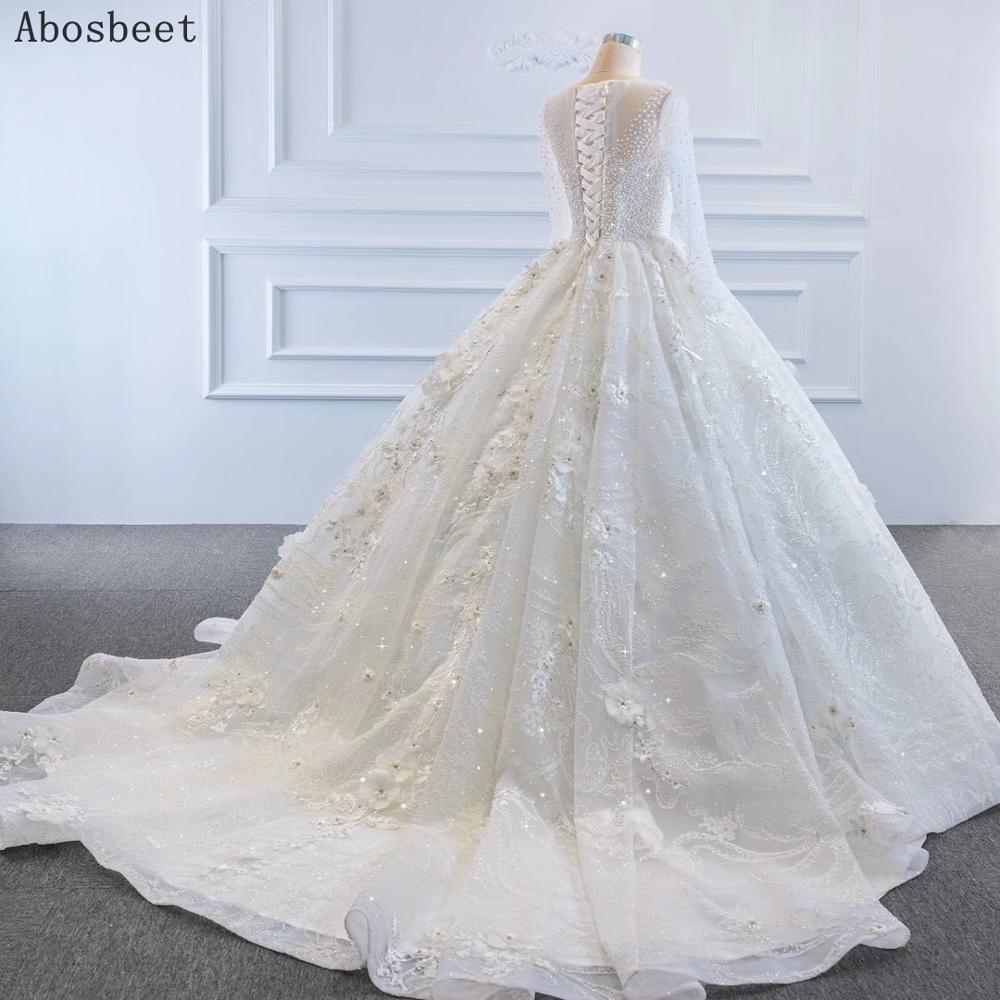 Ball Gown Wedding Dress Long Sleeve with 3D Flowers Sequins Pearls Beads Puffy Wedding Gowns for Bridal 2021 with Train Lace Up