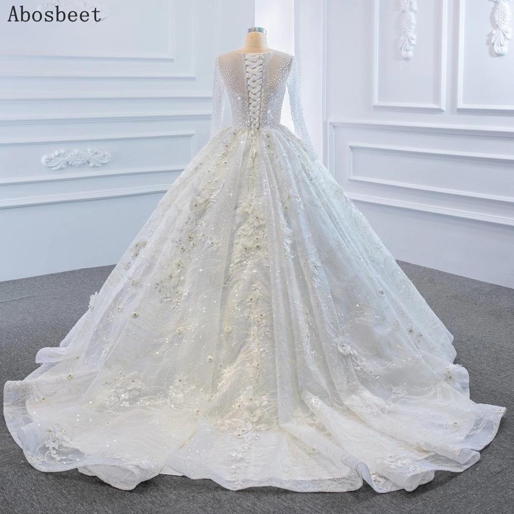 Ball Gown Wedding Dress Long Sleeve with 3D Flowers Sequins Pearls Beads Puffy Wedding Gowns for Bridal 2021 with Train Lace Up