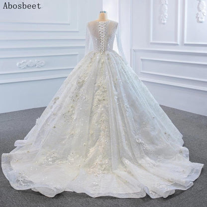 Ball Gown Wedding Dress Long Sleeve with 3D Flowers Sequins Pearls Beads Puffy Wedding Gowns for Bridal 2021 with Train Lace Up