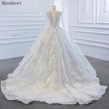 Load image into Gallery viewer, Ball Gown Wedding Dress Long Sleeve with 3D Flowers Sequins Pearls Beads Puffy Wedding Gowns for Bridal 2021 with Train Lace Up
