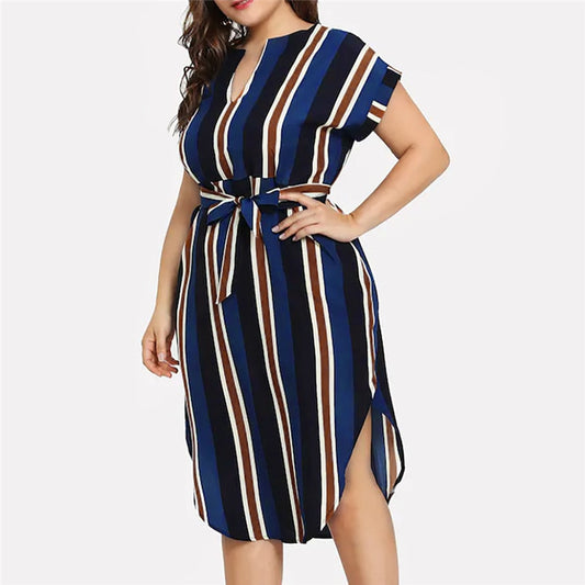 Women's Bandages Striped Dresses Summer Casual Plus Size Print Short Sleeve Sashes V Neck Colorful Elegant Ladies Dress dames jurken #10