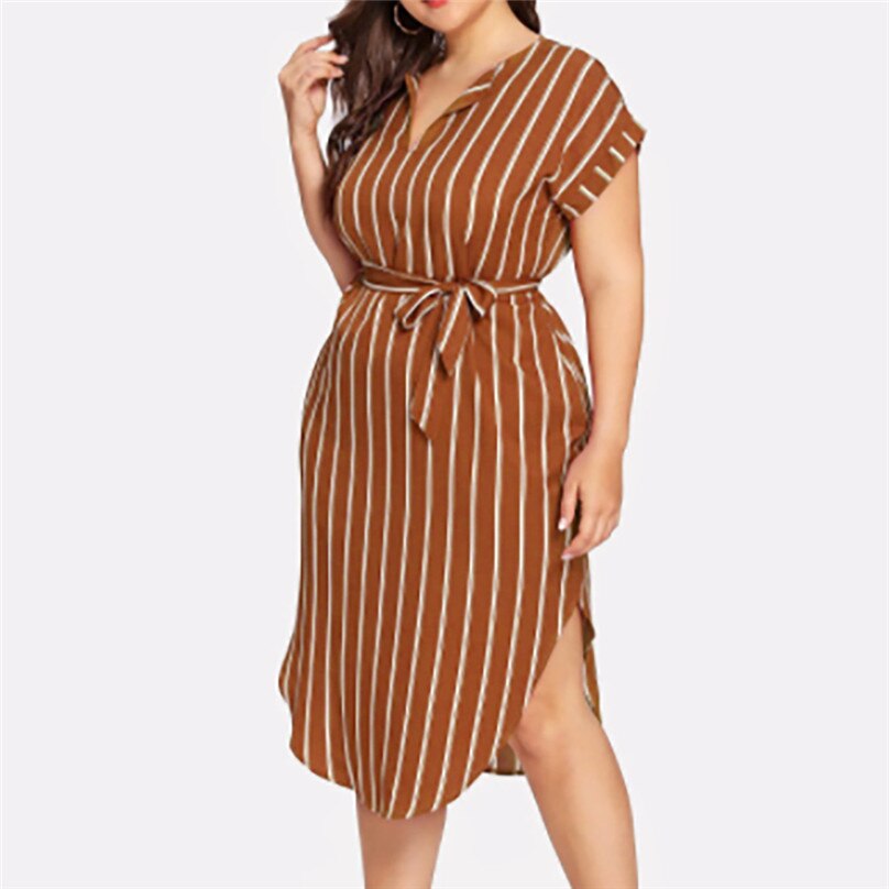Women's Bandages Striped Dresses Summer Casual Plus Size Print Short Sleeve Sashes V Neck Colorful Elegant Ladies Dress dames jurken #10