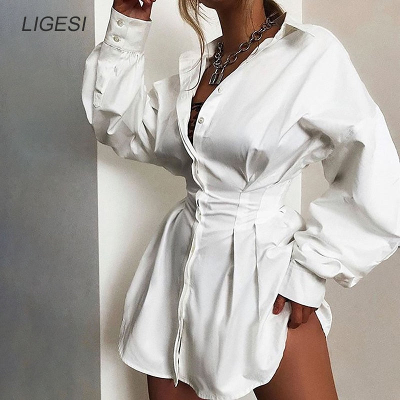 Batwing Sleeve White Mini Dress Women Casual Office Lady Pleated Shirt Dress Bandage Larty Club Bodycon Elegant Dress