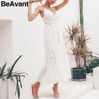 BeAvant Embroided Cotton White Summer dress Women Sexy v neck spaghetti strap long dress High waist button casual dress female