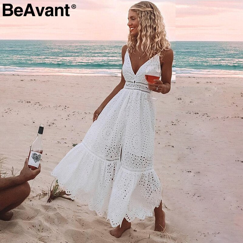 BeAvant Embroided Cotton White Summer dress Women Sexy v neck spaghetti strap long dress High waist button casual dress female