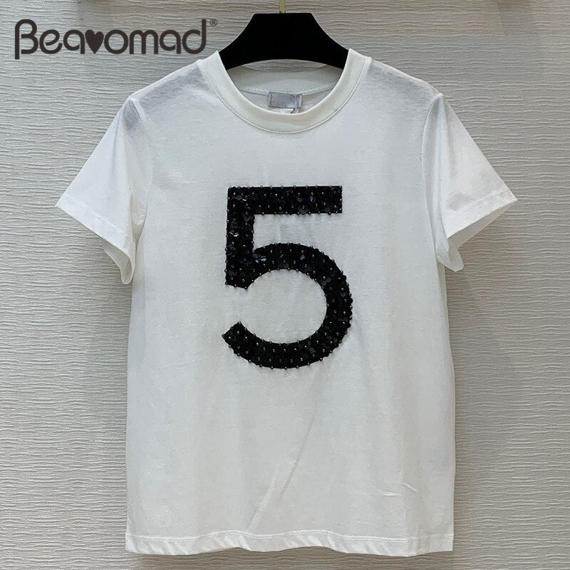 Bearomad Summer Top Quality Women's Cotton T-shirt Gorgeous Beading Tops Shirts Loose Short Sleeve T-shirts 2021