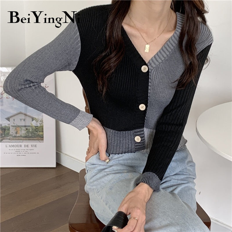 Beiyingni 2021 Autumn Winter Sexy Short Cardigan Women Sweater Single-breasted Gray Black Spell Color Long Sleeve Crop Top Girls