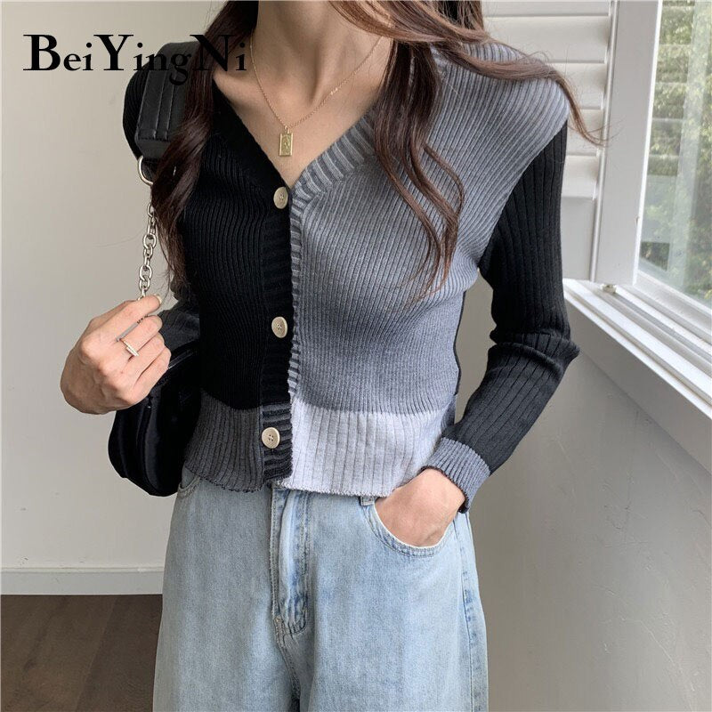 Beiyingni 2021 Autumn Winter Sexy Short Cardigan Women Sweater Single-breasted Gray Black Spell Color Long Sleeve Crop Top Girls