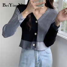 Load image into Gallery viewer, Beiyingni 2021 Autumn Winter Sexy Short Cardigan Women Sweater Single-breasted Gray Black Spell Color Long Sleeve Crop Top Girls

