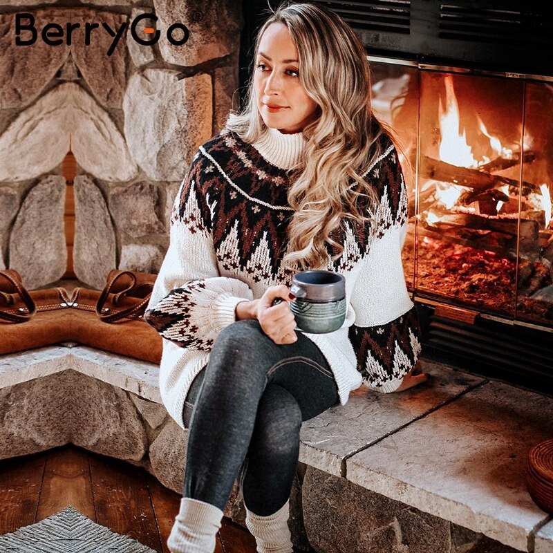 BerryGo Geometric Print Knitted Women's Dress Casual Turtleneck Pullover Sweater Dress Autumn Winter Retro white vestidos