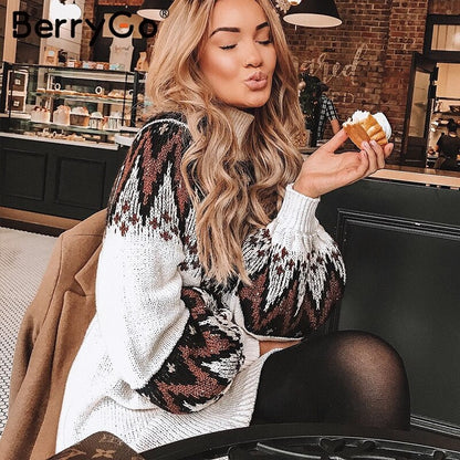 BerryGo Geometric Print Knitted Women's Dress Casual Turtleneck Pullover Sweater Dress Autumn Winter Retro white vestidos