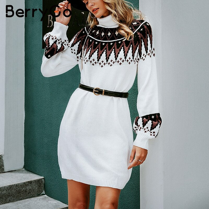 BerryGo Geometric Print Knitted Women's Dress Casual Turtleneck Pullover Sweater Dress Autumn Winter Retro white vestidos