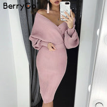 Cargar imagen en el visor de la galería, BerryGo V-neck Knitted Dress Women Two-piece Batwing Sleeve Female Sweater Dress Elegant pure ladies bodycon midi vestidos
