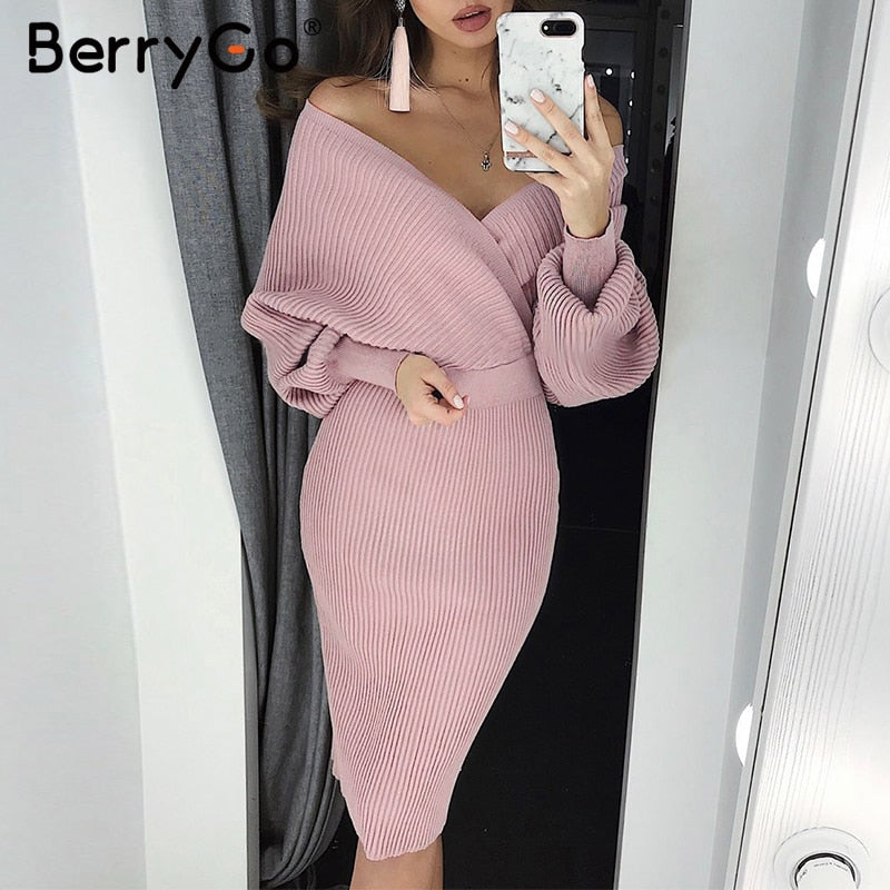 BerryGo V-neck Knitted Dress Women Two-piece Batwing Sleeve Female Sweater Dress Elegant pure ladies bodycon midi vestidos