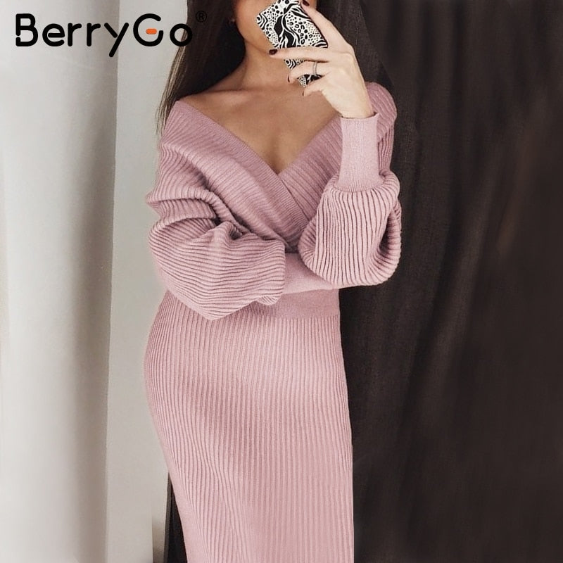 BerryGo V-neck Knitted Dress Women Two-piece Batwing Sleeve Female Sweater Dress Elegant pure ladies bodycon midi vestidos