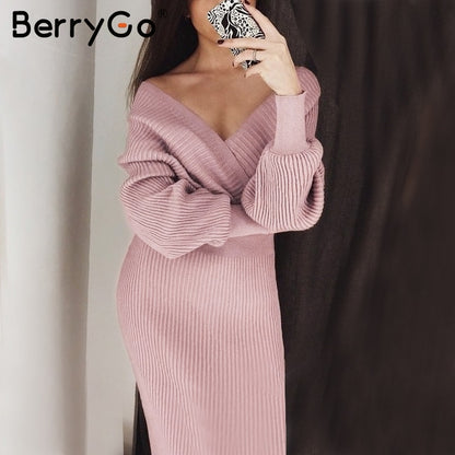 BerryGo V-neck Knitted Dress Women Two-piece Batwing Sleeve Female Sweater Dress Elegant pure ladies bodycon midi vestidos
