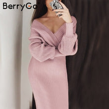 Cargar imagen en el visor de la galería, BerryGo V-neck Knitted Dress Women Two-piece Batwing Sleeve Female Sweater Dress Elegant pure ladies bodycon midi vestidos
