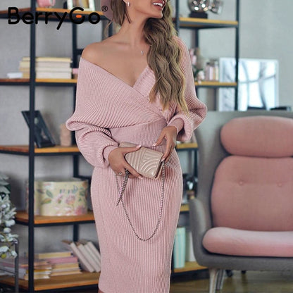 BerryGo V-neck Knitted Dress Women Two-piece Batwing Sleeve Female Sweater Dress Elegant pure ladies bodycon midi vestidos
