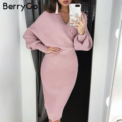 BerryGo V-neck Knitted Dress Women Two-piece Batwing Sleeve Female Sweater Dress Elegant pure ladies bodycon midi vestidos