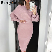 Cargar imagen en el visor de la galería, BerryGo V-neck Knitted Dress Women Two-piece Batwing Sleeve Female Sweater Dress Elegant pure ladies bodycon midi vestidos
