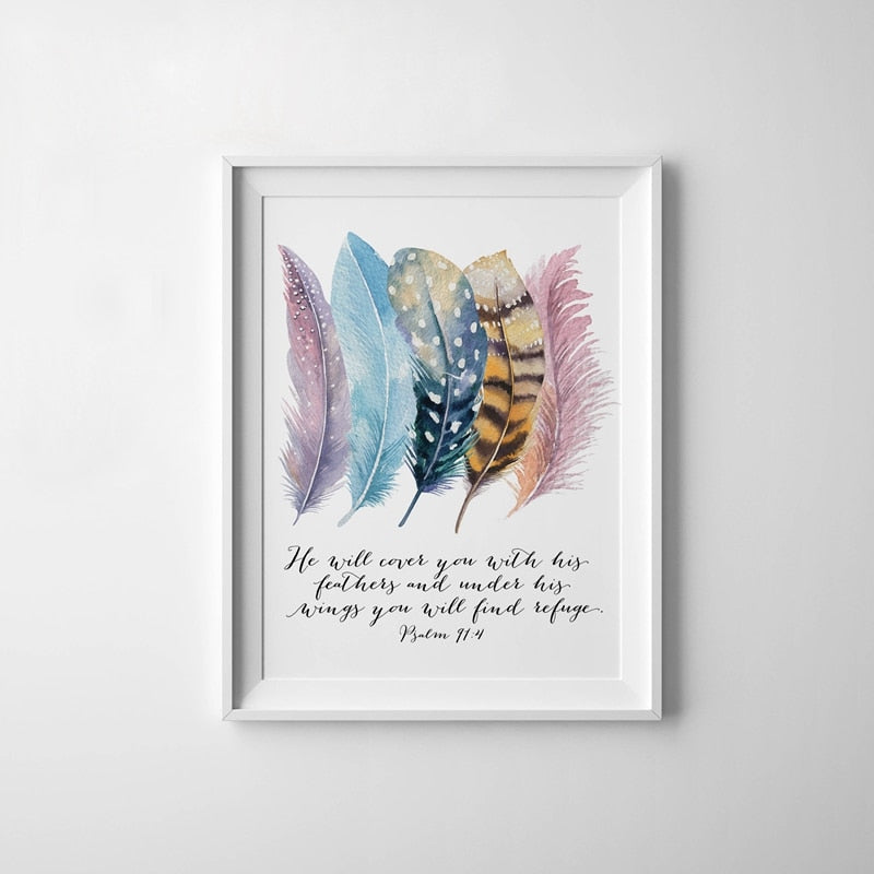 Bible Verse Psalm 91:4 Poster Canvas Art Prints , Birds Feathers Scripture Christian Quotes Canvas Painting Wall Art Home Decor