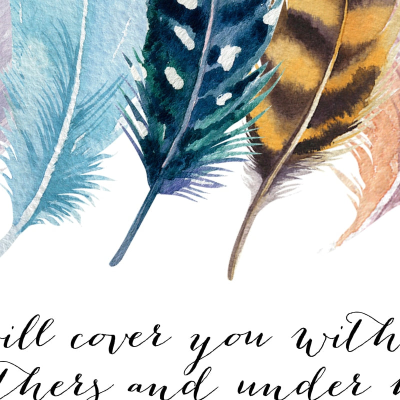 Bible Verse Psalm 91:4 Poster Canvas Art Prints , Birds Feathers Scripture Christian Quotes Canvas Painting Wall Art Home Decor