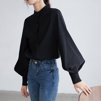 Women's Lantern Sleeve Blouse Autumn Winter Single Breasted Stand Collar Shirts Office Work Blouse Solid Vintage Blouse Shirts