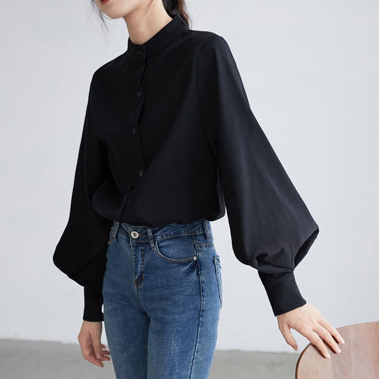 Women's Lantern Sleeve Blouse Autumn Winter Single Breasted Stand Collar Shirts Office Work Blouse Solid Vintage Blouse Shirts