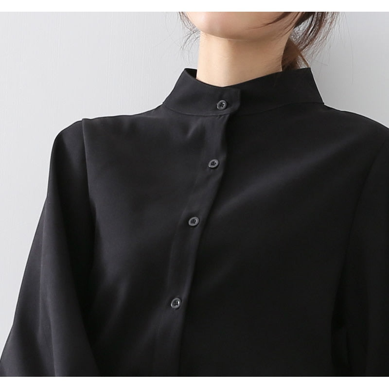 Women's Lantern Sleeve Blouse Autumn Winter Single Breasted Stand Collar Shirts Office Work Blouse Solid Vintage Blouse Shirts