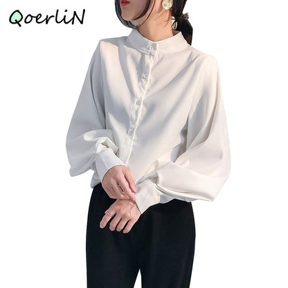 Women's Lantern Sleeve Blouse Autumn Winter Single Breasted Stand Collar Shirts Office Work Blouse Solid Vintage Blouse Shirts