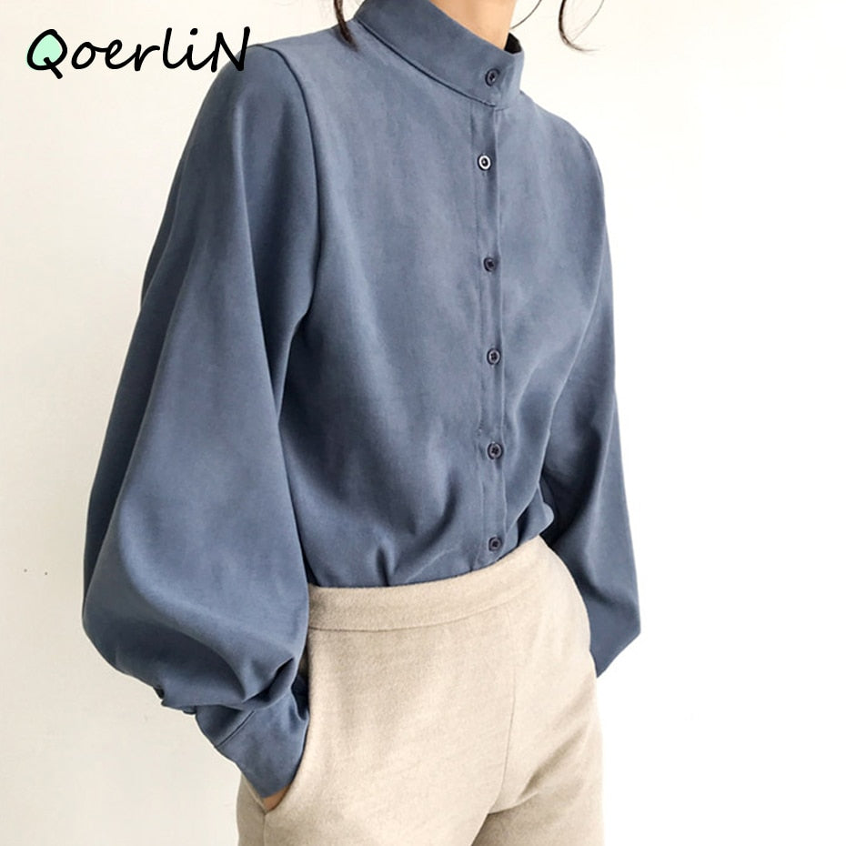Women's Lantern Sleeve Blouse Autumn Winter Single Breasted Stand Collar Shirts Office Work Blouse Solid Vintage Blouse Shirts