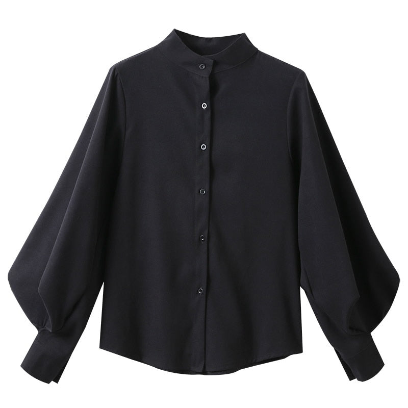 Women's Lantern Sleeve Blouse Autumn Winter Single Breasted Stand Collar Shirts Office Work Blouse Solid Vintage Blouse Shirts