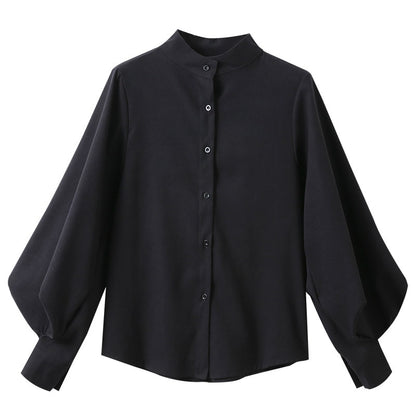 Women's Lantern Sleeve Blouse Autumn Winter Single Breasted Stand Collar Shirts Office Work Blouse Solid Vintage Blouse Shirts