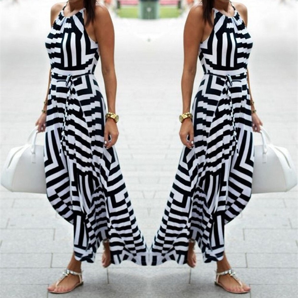Bigsweety New Fashion Women Sexy Boho Striped Dress Summer Maxi Long Dress Sleeveless Beach Strap Sundress Vestidos For Female