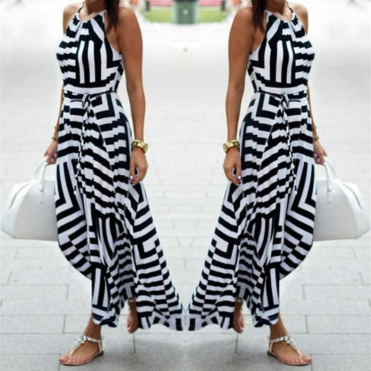 Bigsweety New Fashion Women Sexy Boho Striped Dress Summer Maxi Long Dress Sleeveless Beach Strap Sundress Vestidos For Female
