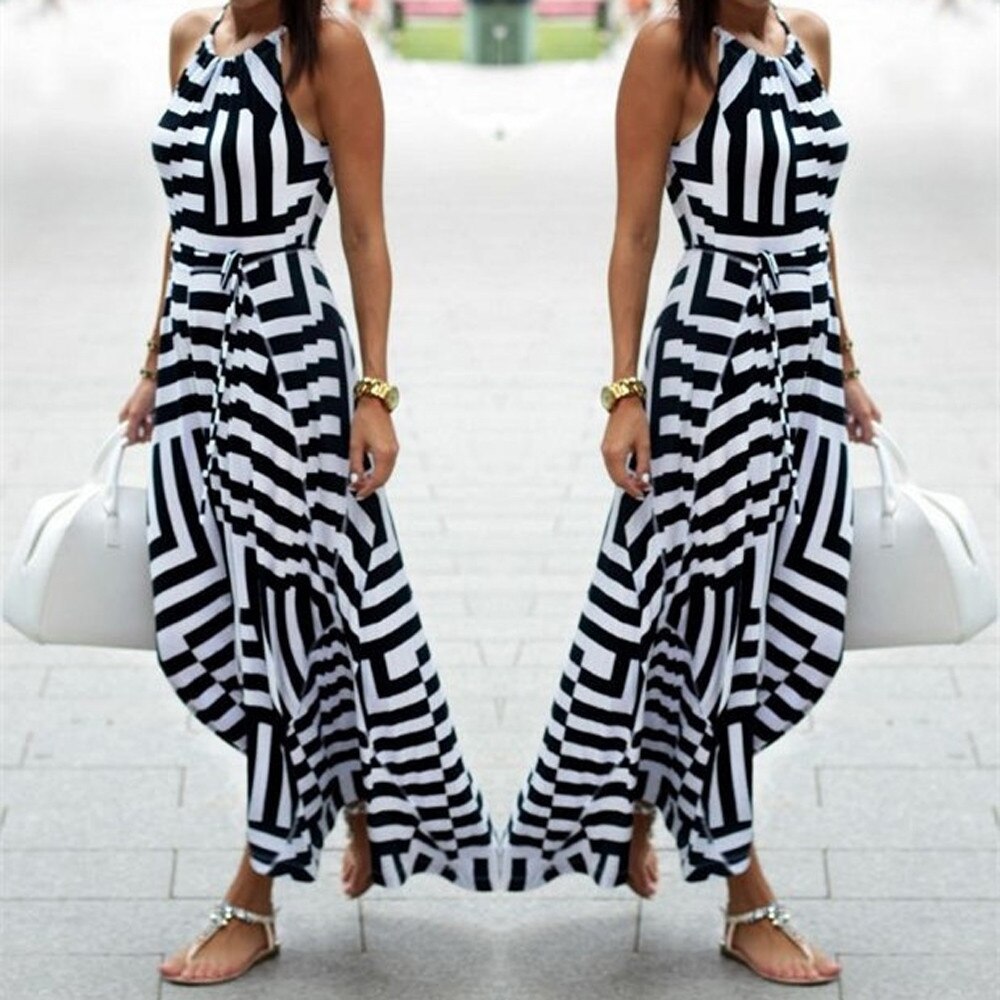 Bigsweety New Fashion Women Sexy Boho Striped Dress Summer Maxi Long Dress Sleeveless Beach Strap Sundress Vestidos For Female