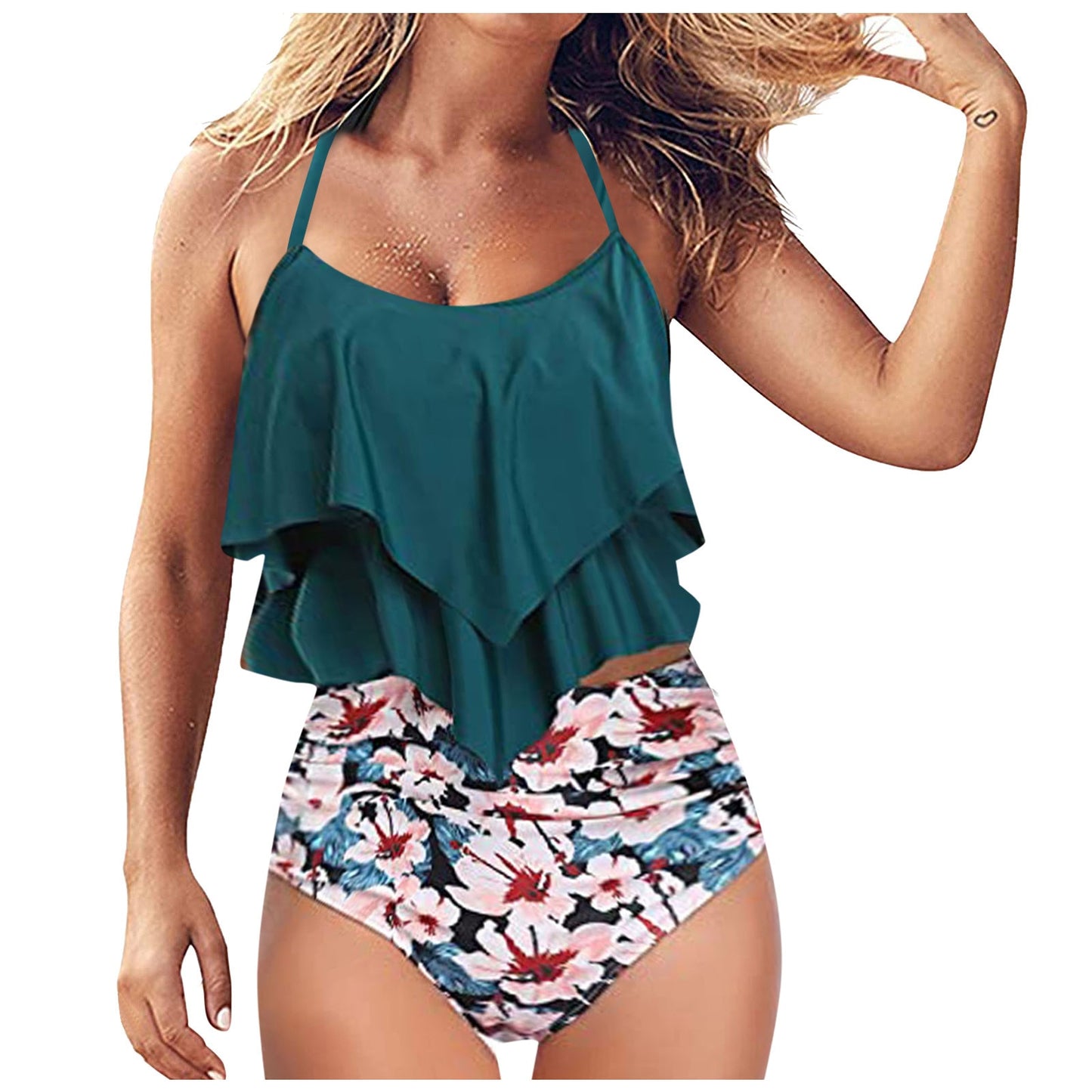 Bikinis Set Ladies Sexy Black Ruffled Sling Pattern Printed Split Bikini Swimsuit Women's Swimwear 2021 Traje De Baño Para Mujer