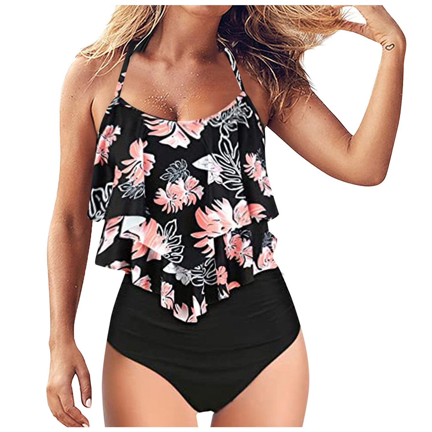 Bikinis Set Ladies Sexy Black Ruffled Sling Pattern Printed Split Bikini Swimsuit Women's Swimwear 2021 Traje De Baño Para Mujer