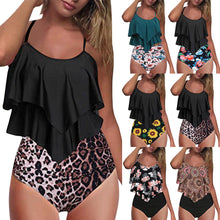 Cargar imagen en el visor de la galería, Bikinis Set Ladies Sexy Black Ruffled Sling Pattern Printed Split Bikini Swimsuit Women&#39;s Swimwear 2021 Traje De Baño Para Mujer
