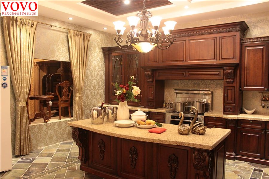 Birch solid wood kitchen cabinet with curvy countertop for island