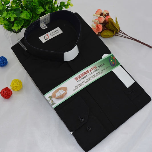 Black Top Priest Shirt Long Sleeve Pastor Clergy Stand-up Collar Minister Preacher Tops Roman Shirts Haut Noir Priest Costume