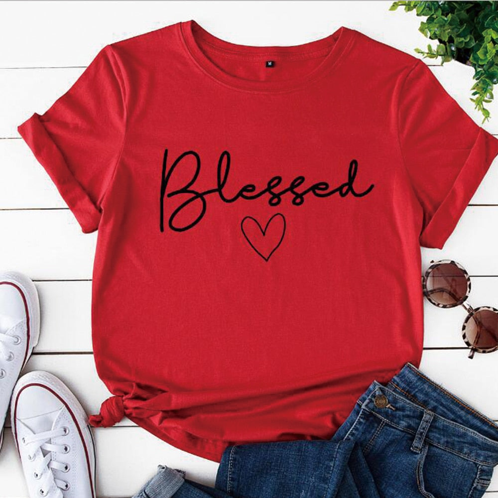 Blessed Heart Printing T-shirts Women Summer Clothes  T Shirt Harajuku Graphic Tee Casual Short Sleeve Tops for Women