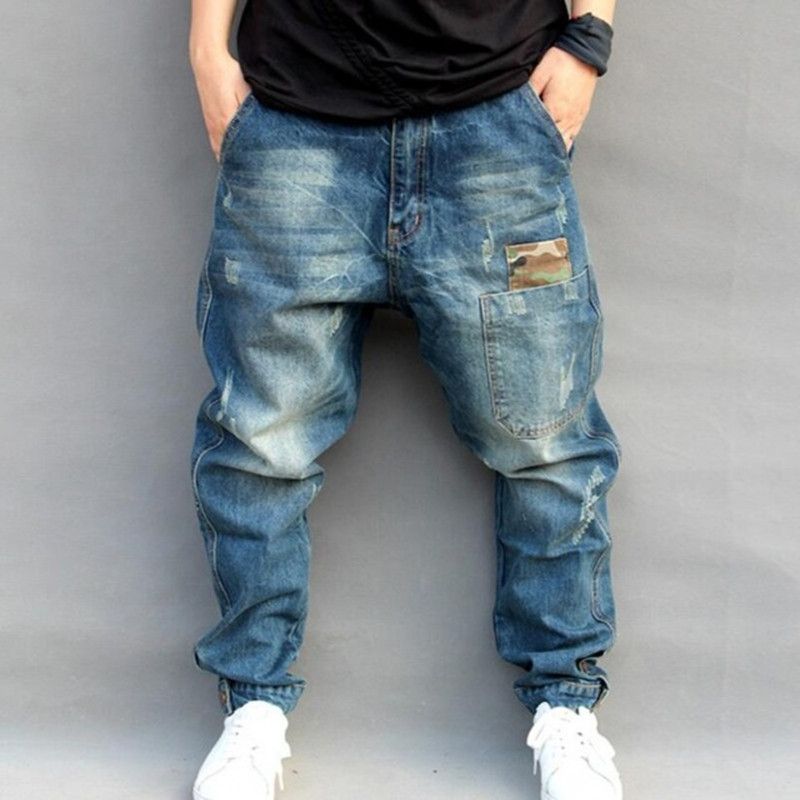 Men's Blue Hole Ripped Baggy Jeans Hip Hop Streetwear Skateboard Denim Pants Men's Camouflage Loose Jeans plus Size 4XL 102106