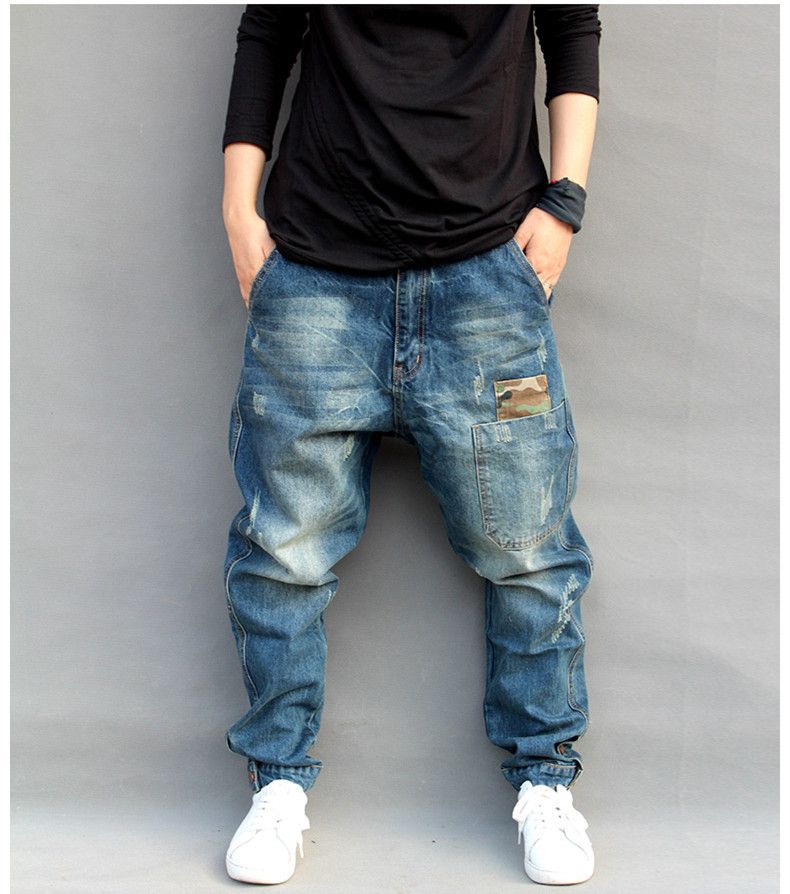 Men's Blue Hole Ripped Baggy Jeans Hip Hop Streetwear Skateboard Denim Pants Men's Camouflage Loose Jeans plus Size 4XL 102106