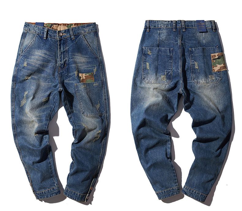 Men's Blue Hole Ripped Baggy Jeans Hip Hop Streetwear Skateboard Denim Pants Men's Camouflage Loose Jeans plus Size 4XL 102106