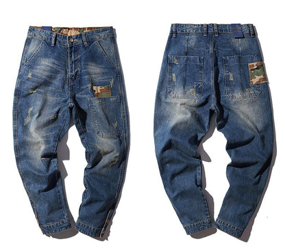 Men's Blue Hole Ripped Baggy Jeans Hip Hop Streetwear Skateboard Denim Pants Men's Camouflage Loose Jeans plus Size 4XL 102106