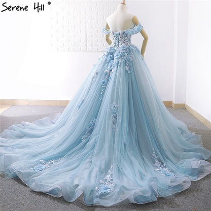 Blue Off Shoulder Handmade Flowers Wedding Dresses 2019 Sexy Sleeveless Crystal High-end Bridal Gowns Real Photo C66706