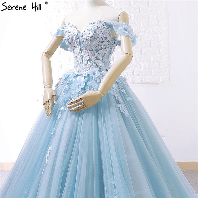 Blue Off Shoulder Handmade Flowers Wedding Dresses 2019 Sexy Sleeveless Crystal High-end Bridal Gowns Real Photo C66706