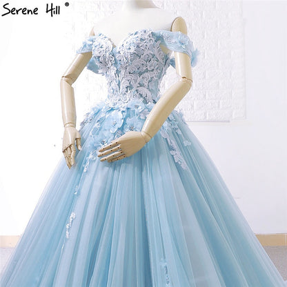 Blue Off Shoulder Handmade Flowers Wedding Dresses 2019 Sexy Sleeveless Crystal High-end Bridal Gowns Real Photo C66706